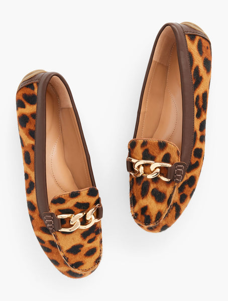 Everson Chain Driving Moccasins - Leopard Calf Hair