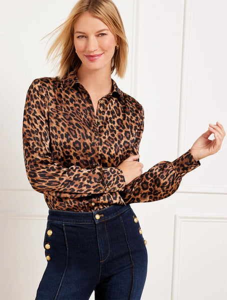Soft Satin Charmeuse Button Front Shirt - Leopard
