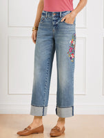 Embroidered Wide Straight Ankle Cuff Jeans - Sloane Wash