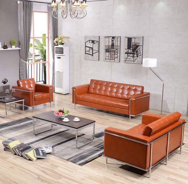 HERCULES LeatherSoft Double Stitch Detail Reception Set with Encasing Frame Cognac